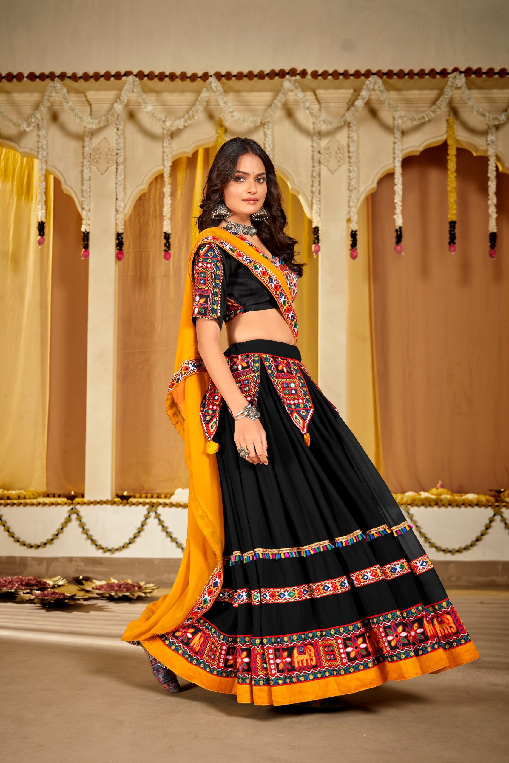 Navratri Special Black Georgette Chaniya Choli with Kutchi Embroidery and Mirror Work