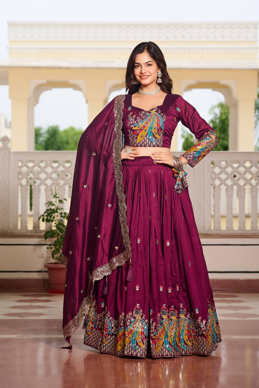 Festival Collection Vichitra Lehenga Choli with Heavy Embroidery and 3MM Sequence Work  - Fully Stitched (