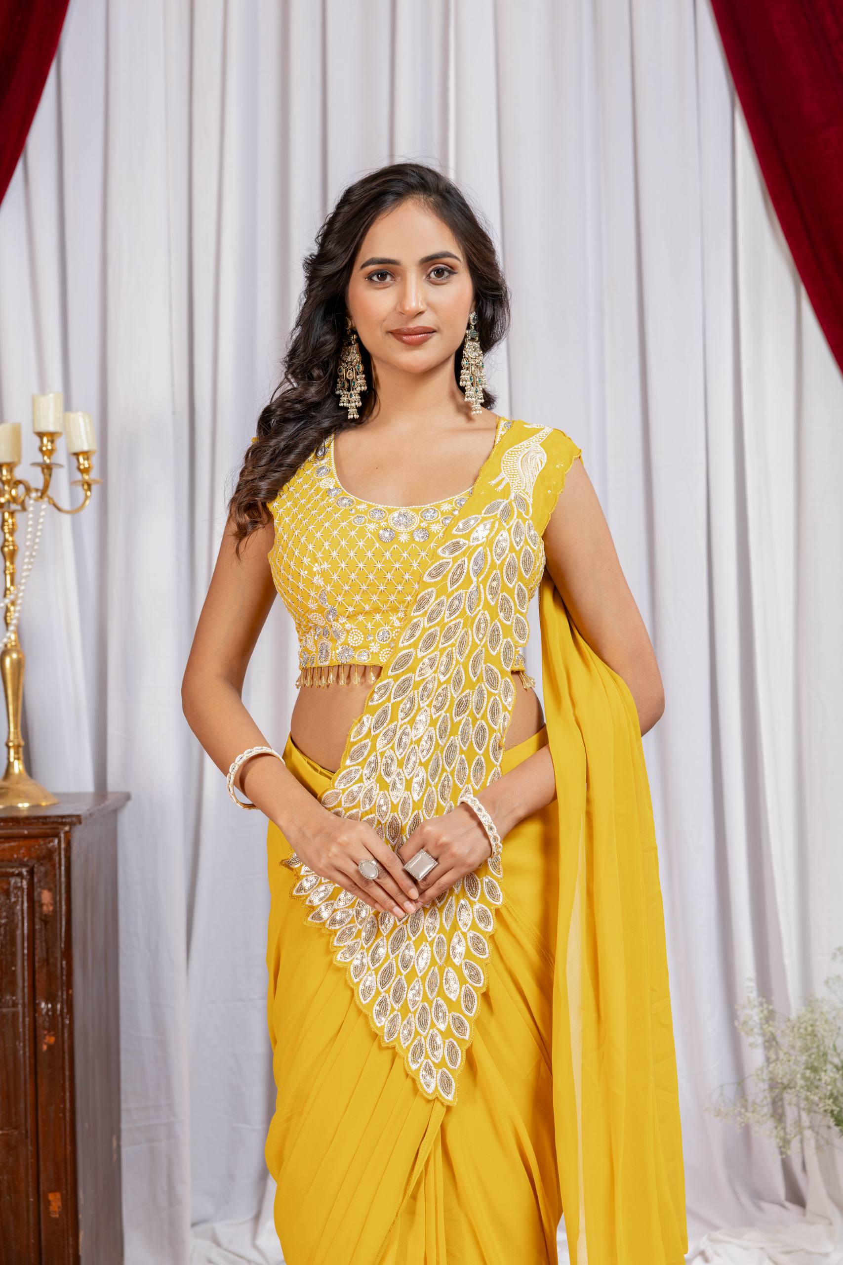 Superhit Trending Faux Georgette Ready to Wear Saree with Fully Embroidered Stylish Blouse - Fully Stitched