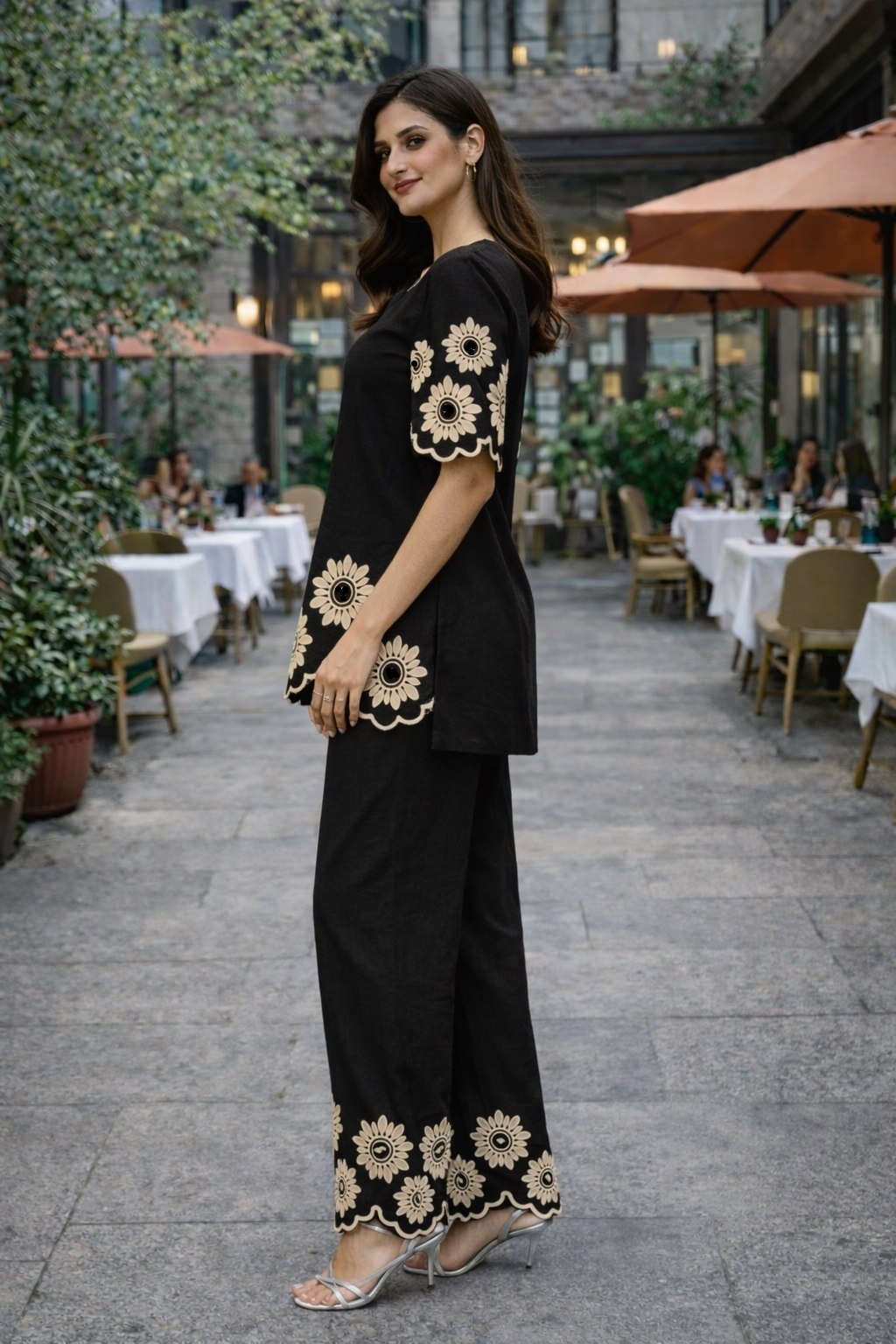 Women's Cotton Embroidered Chain Stitch Co-Ord Set with V-Neck Top and Pant - Fully Stitched