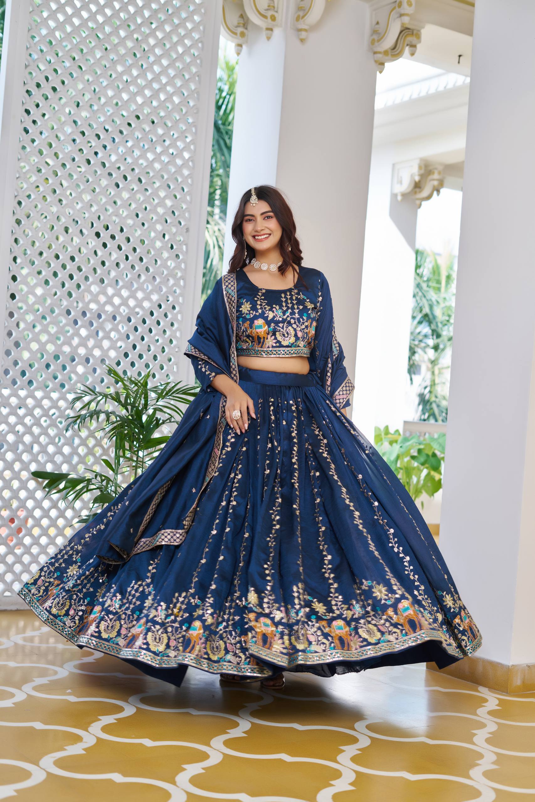 Festival Collection Vichitra Lehenga Choli with Heavy Embroidery Sequence Work - Fully Stitched