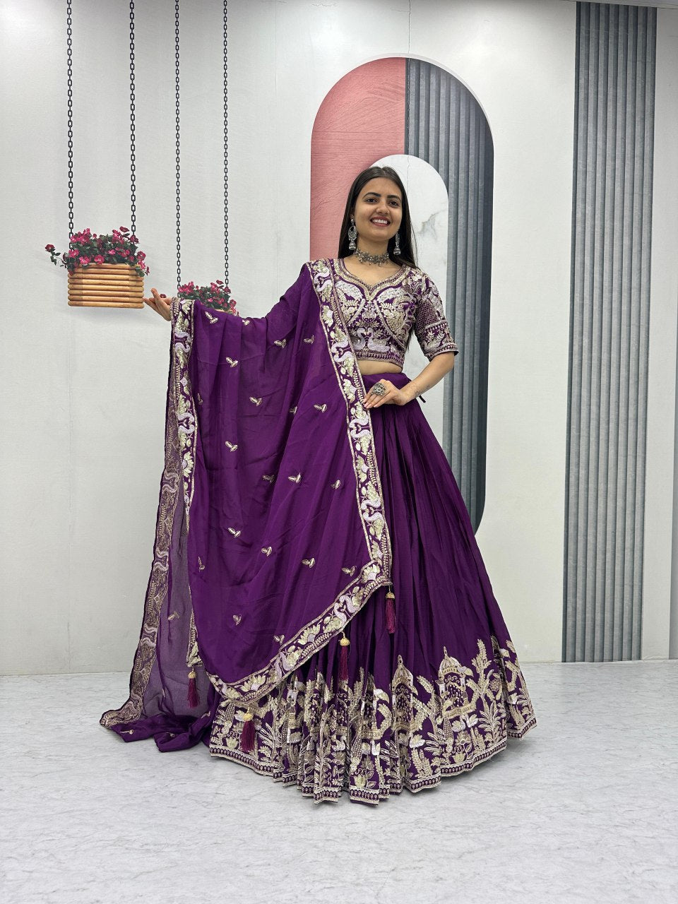 New Festival Chinon Lehenga Choli with Heavy Embroidered Dupatta - Fully Stitched
