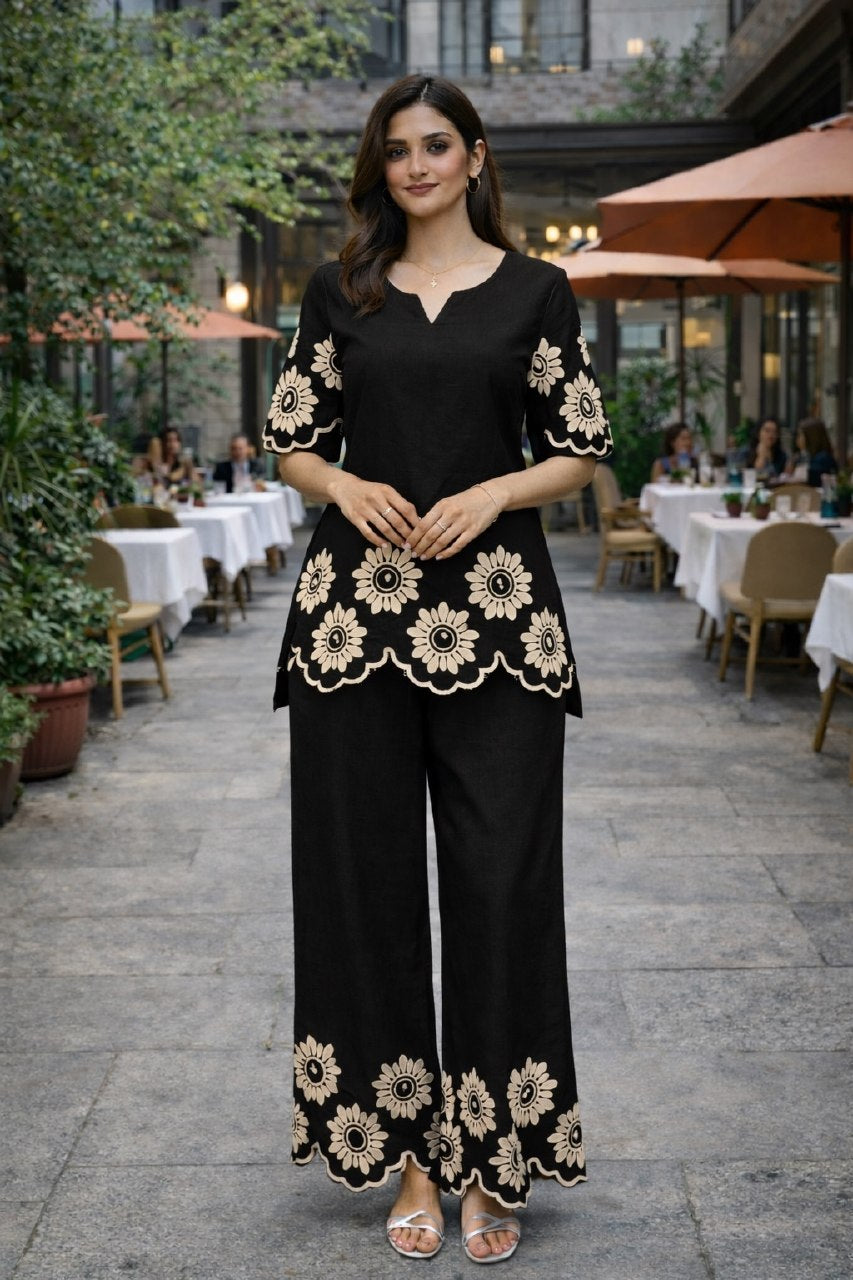 Women's Cotton Embroidered Chain Stitch Co-Ord Set with V-Neck Top and Pant - Fully Stitched