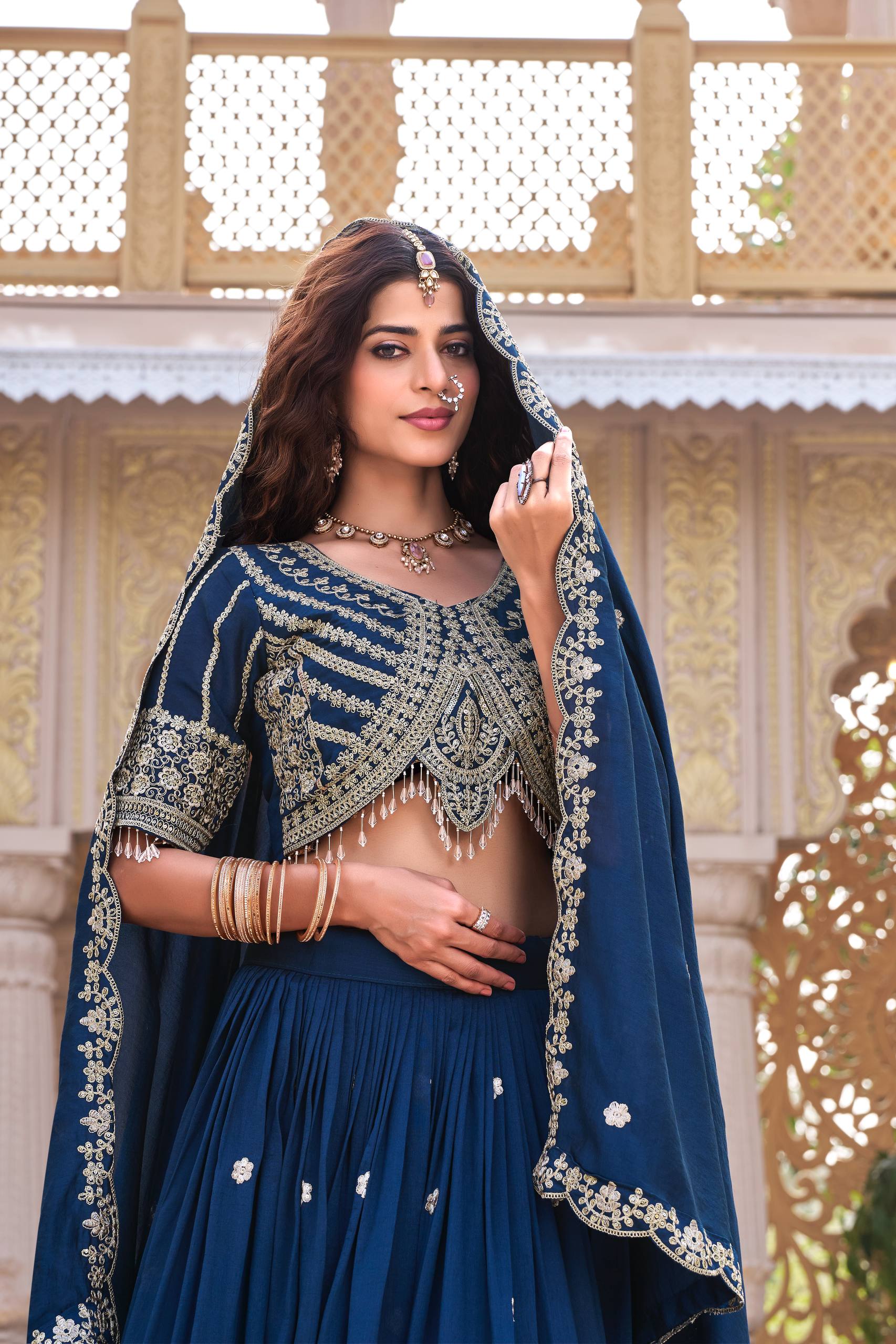 Designer Wedding Collection Vichitra Lehenga Choli with Heavy Cording Embroidery Work - Fully Stitched
