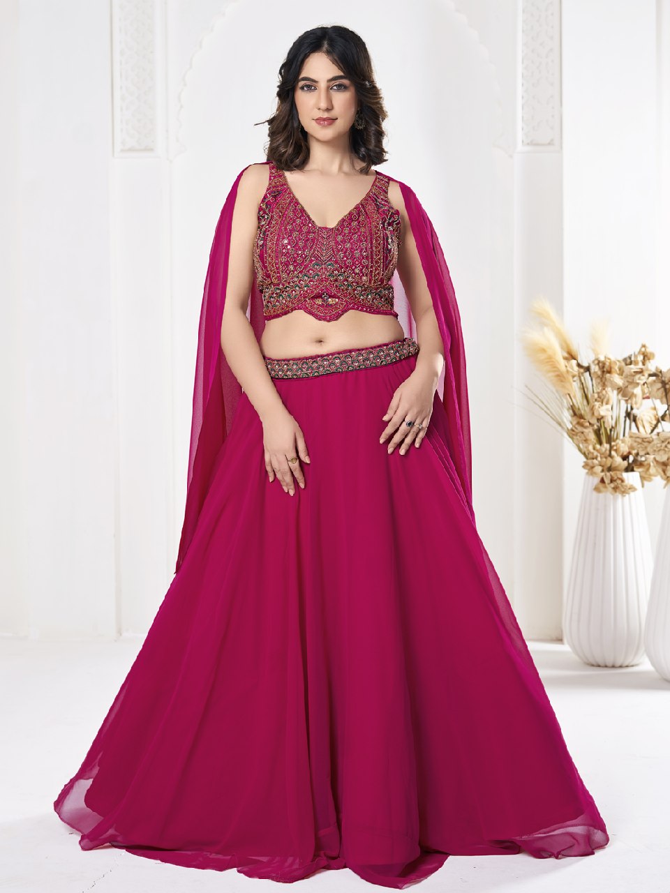 Premium Rani Pink Georgette Lehenga Choli with Embroidered Beads Work and Cape Dupatta