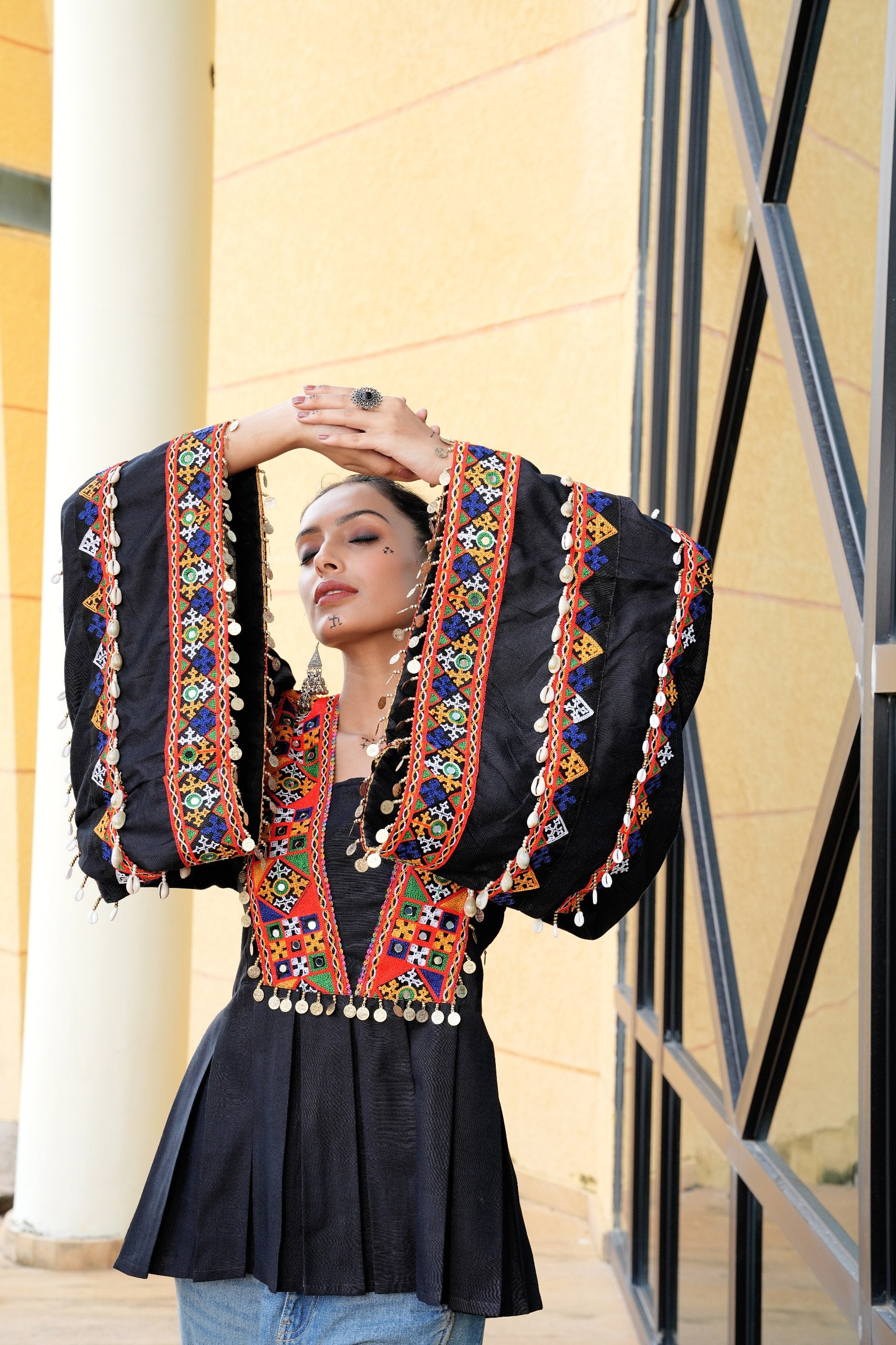 Navratri Special Black Kutchi Embroidered Kurti with Mirror Work - Fully Stitched