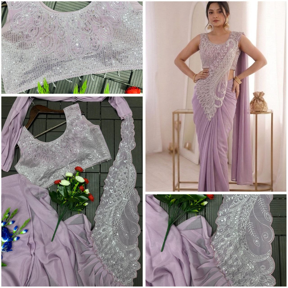 Premium Heavy Georgette Ready-to-Wear Saree with Embroidered Sequence Blouse | Designer Party, Wedding & Festive Wear Collection HE-BUY(M)-263