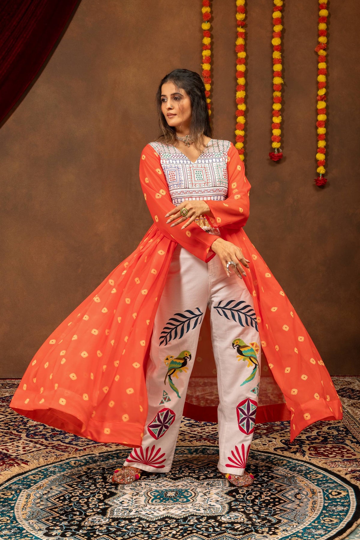 Navratri 2026 Rang Popat Denim Set | Printed Faux Georgette Shrug with Jute Embroidery & Latkan | High-Waist Mirror Work Jeans  HE-BUY-(Q)-56