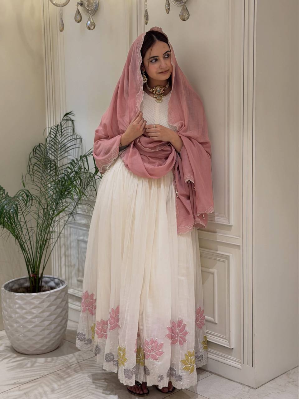 Designer Faux Georgette Gown with Pant & Dupatta | Heavy Embroidery Work | 7 Meter Flair | Full Sleeves | Fully Stitched Ready-to-Wea HE-(AD)-911