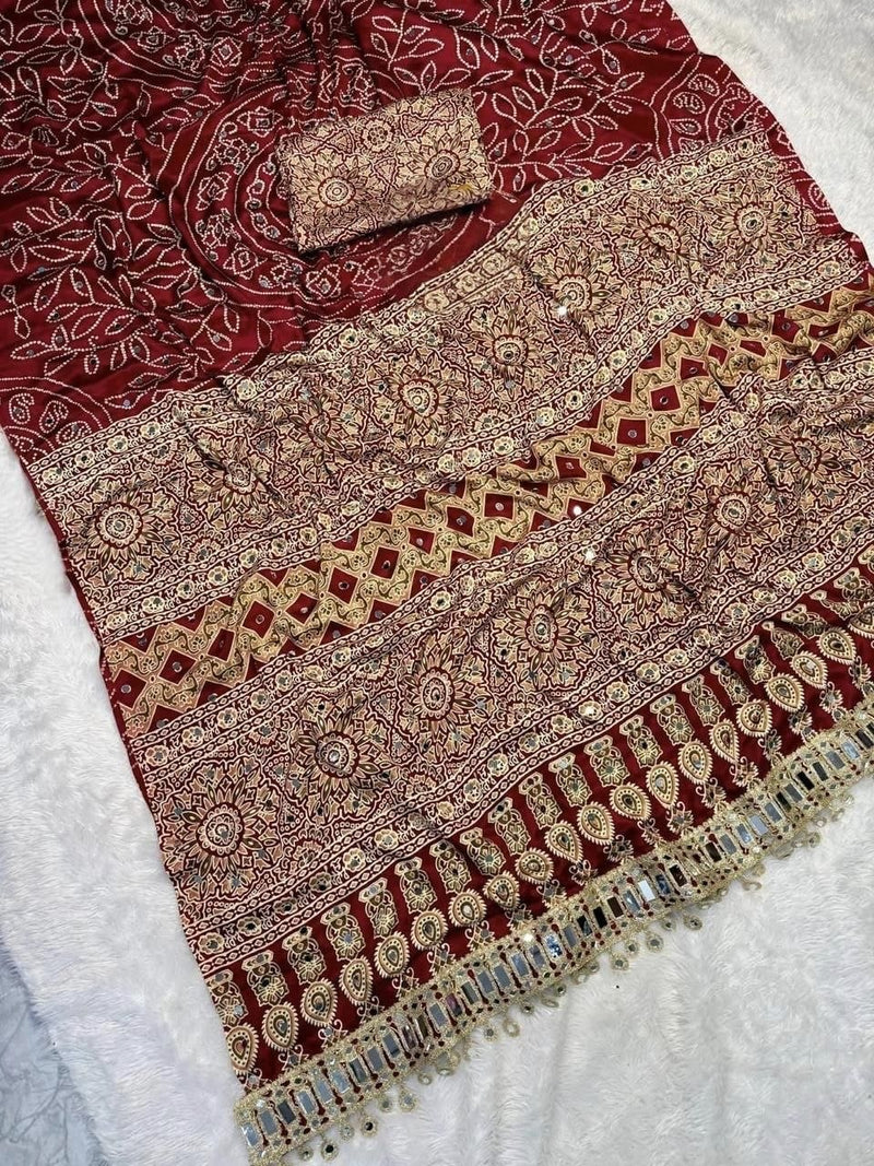 Premium Ajrakh Pure Gajji Bandhej Saree with Super Mirror Work & Mirrorless Border | 6.30 Meter with Blouse HE-BUY-(W)-02