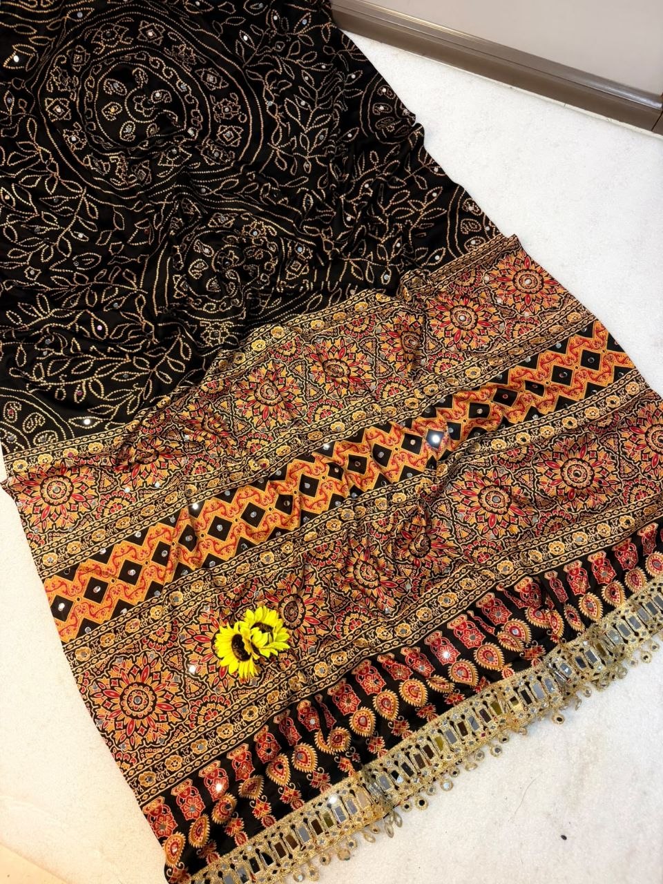 Premium Ajrakh Pure Gajji Bandhej Saree with Super Mirror Work & Mirrorless Border | 6.30 Meter with Blouse HE-BUY-(W)-02