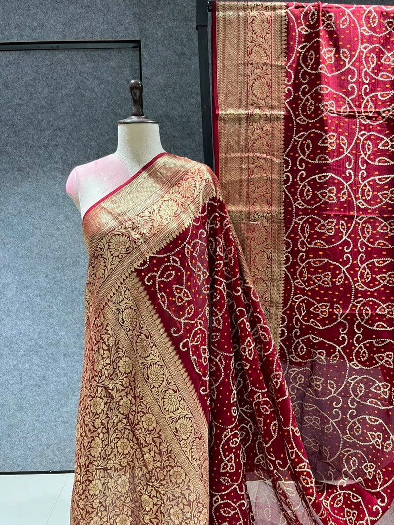 New Kanjivaram Bandhani Teen Dani Saree | Premium Cotton Silk with Hand-Dyeing Work & Running Blouse | Festive Wear HE-BUY-(W)-06