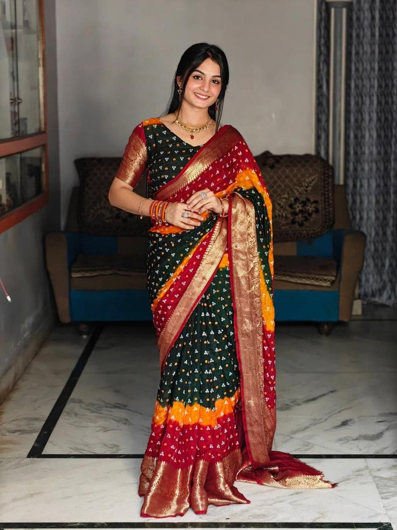 New Kanjivaram Bandhani Teen Dani Saree | Premium Cotton Silk with Hand-Dyeing | Running Blouse | Festive Collection  HE-BUY-(W)-05
