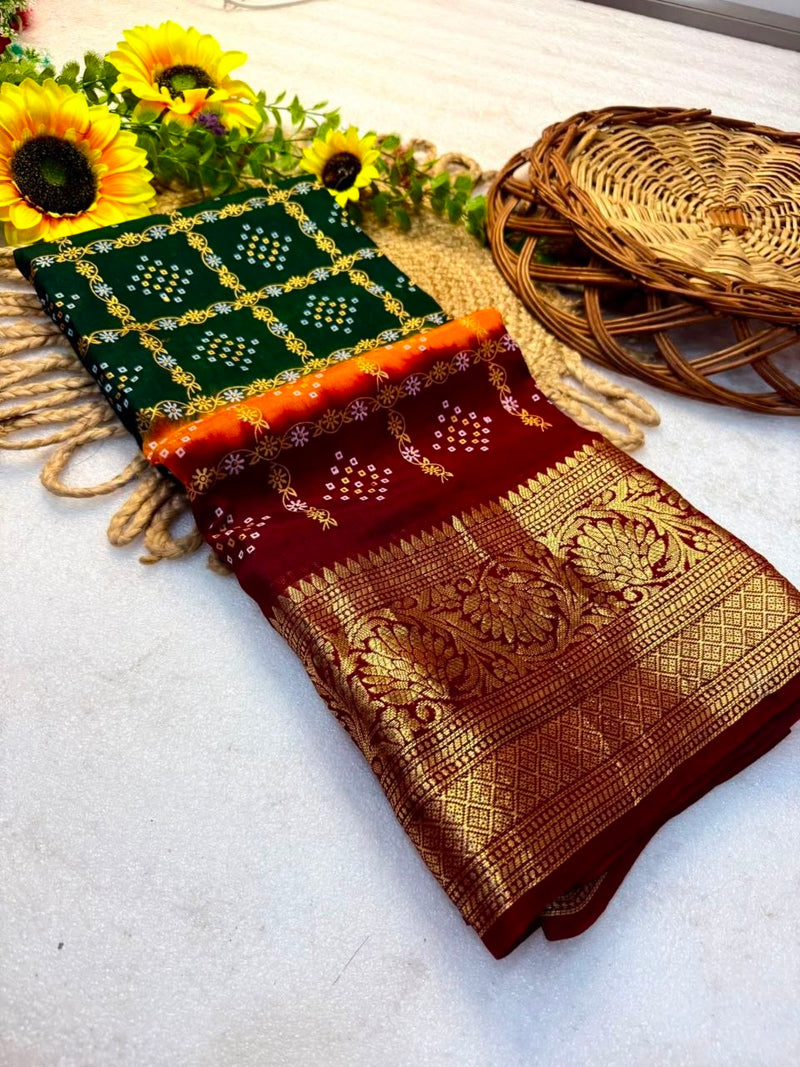 New Kanjivaram Bandhani Teen Dani Saree | Premium Cotton Silk with Hand-Dyeing Work & Running Blouse | Festive Wear HE-BUY-(W)-06 (Copy)