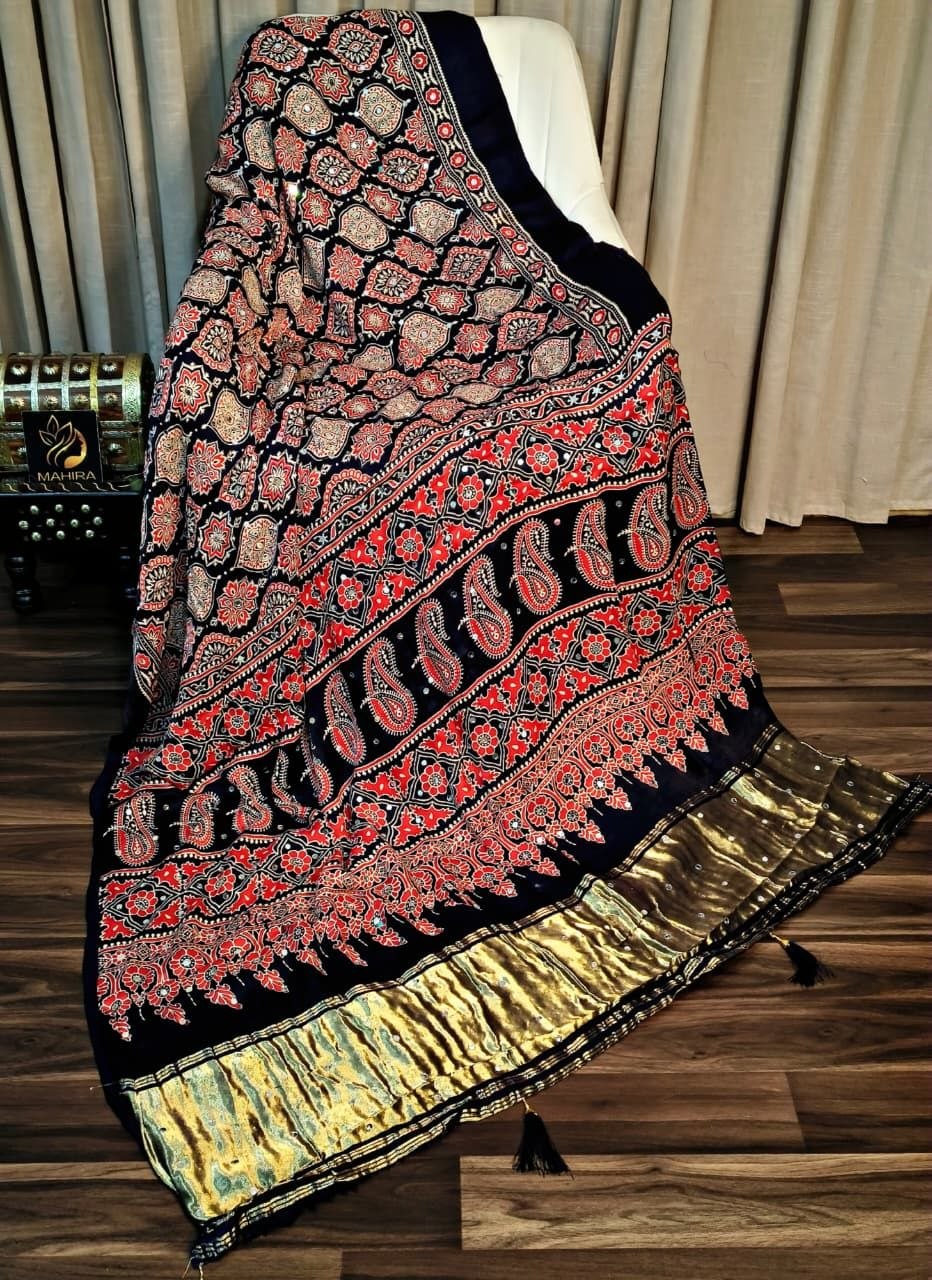 Original Ajrakh Gajji Silk Bandhani Saree with Real Mirror & Gota Patti Hand Work | Pure Hand-Bandhej Designer Saree