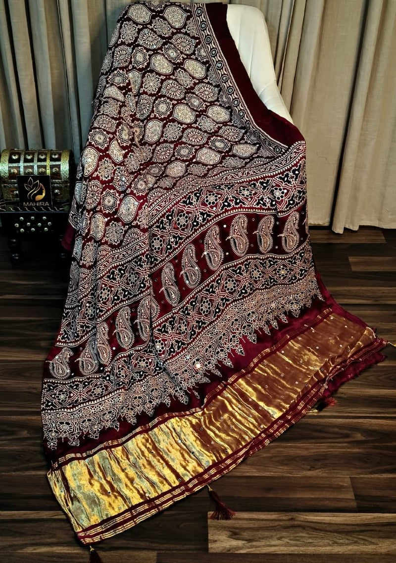 Original Ajrakh Gajji Silk Bandhani Saree with Real Mirror & Gota Patti Hand Work | Pure Hand-Bandhej Designer Saree