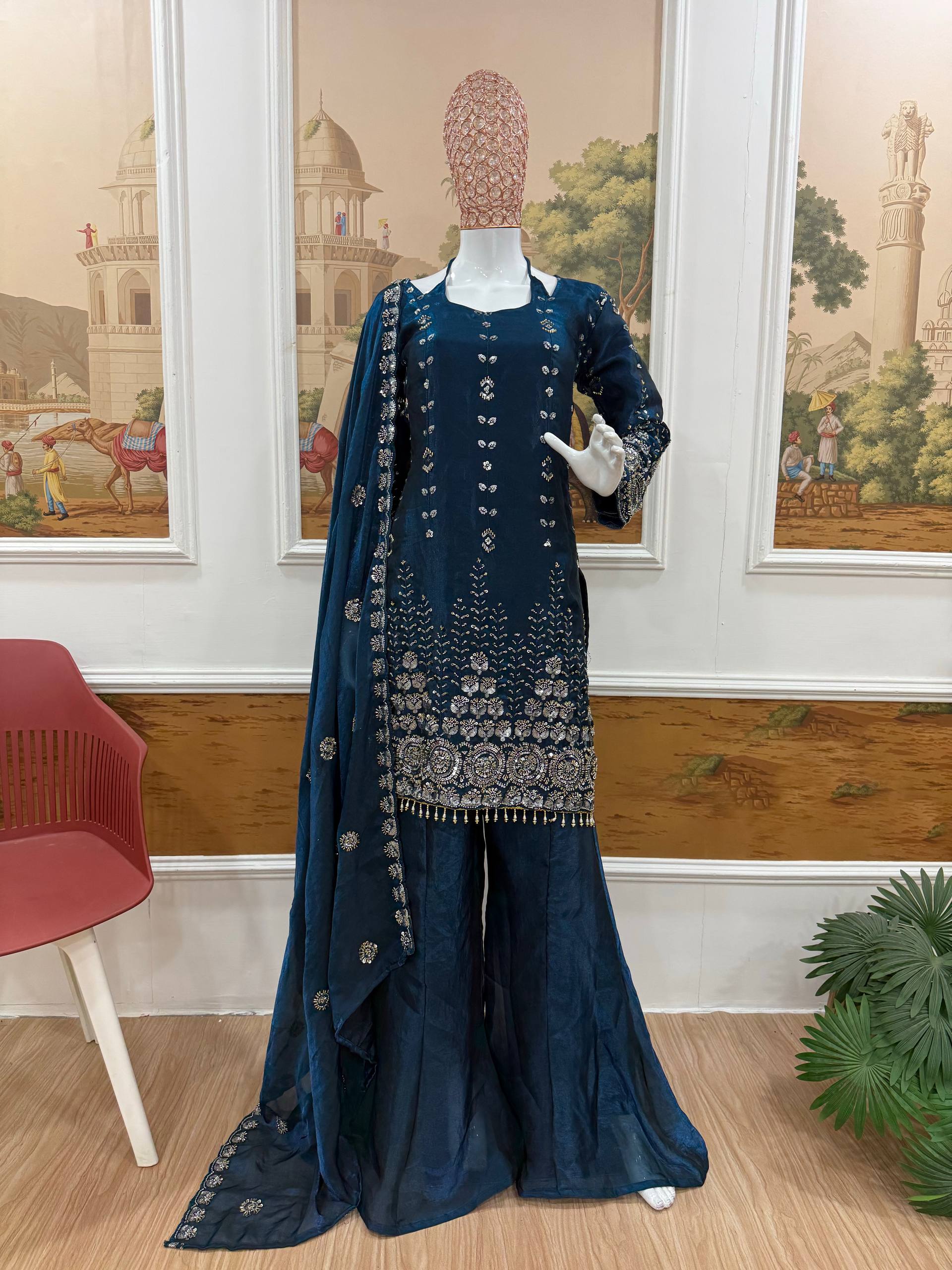 Designer Rangoli Crush Embroidered Kurti Set for Women | Premium Festival Wear | Kurti with Palazzo | Heavy Embroidery & Sequence Work | Party Wear Collection HE-BUY-(D)-1188