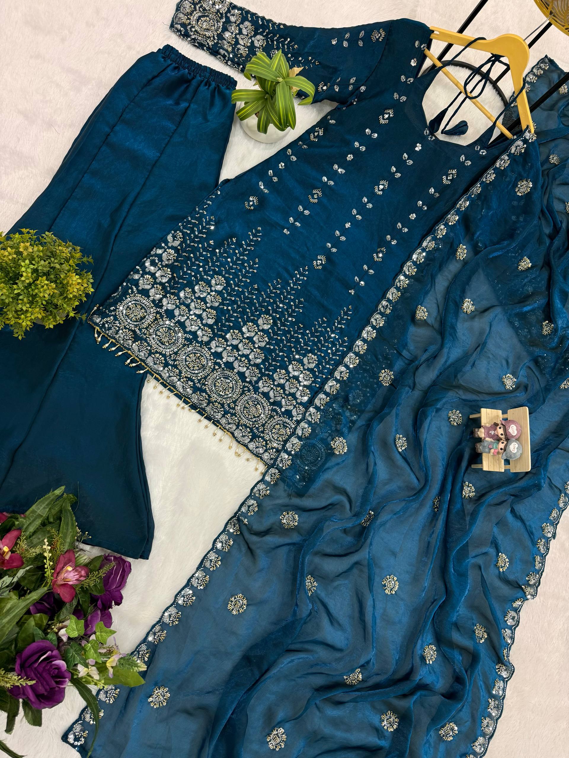 Designer Rangoli Crush Embroidered Kurti Set for Women | Premium Festival Wear | Kurti with Palazzo | Heavy Embroidery & Sequence Work | Party Wear Collection HE-BUY-(D)-1188