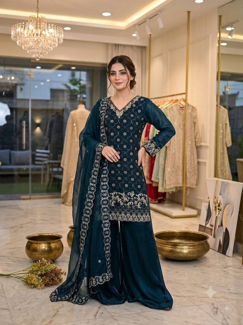 Designer Fendy Palazzo Suit Set with Beads, Sequence Embroidery & Cut Work | Kurti, Full-Flair Palazzo & Dupatta HE-BUY-(R)-23