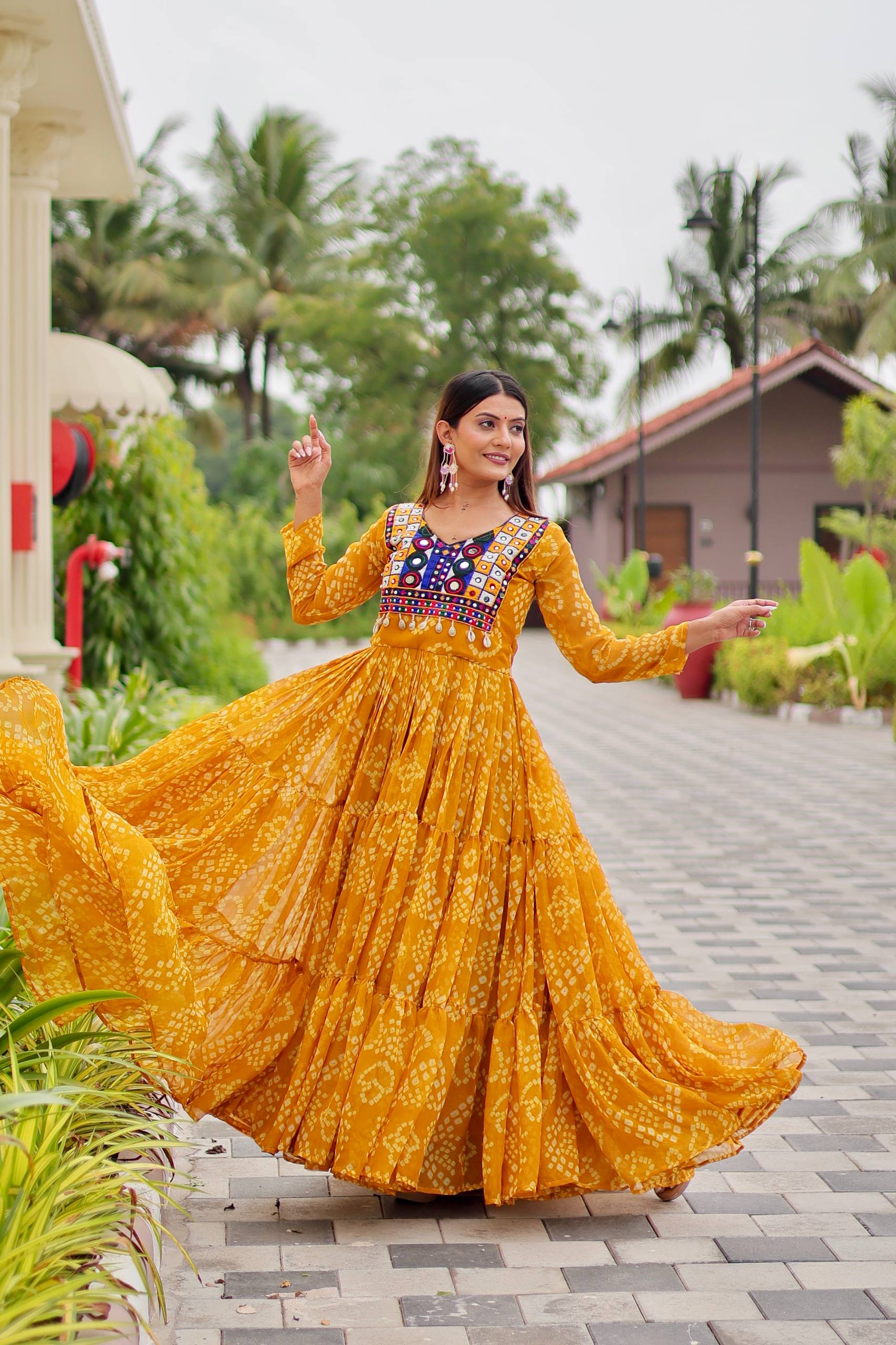 Navratri Special Faux Georgette Gown with Kodi Lace and Real Mirror Work - Fully Stitched