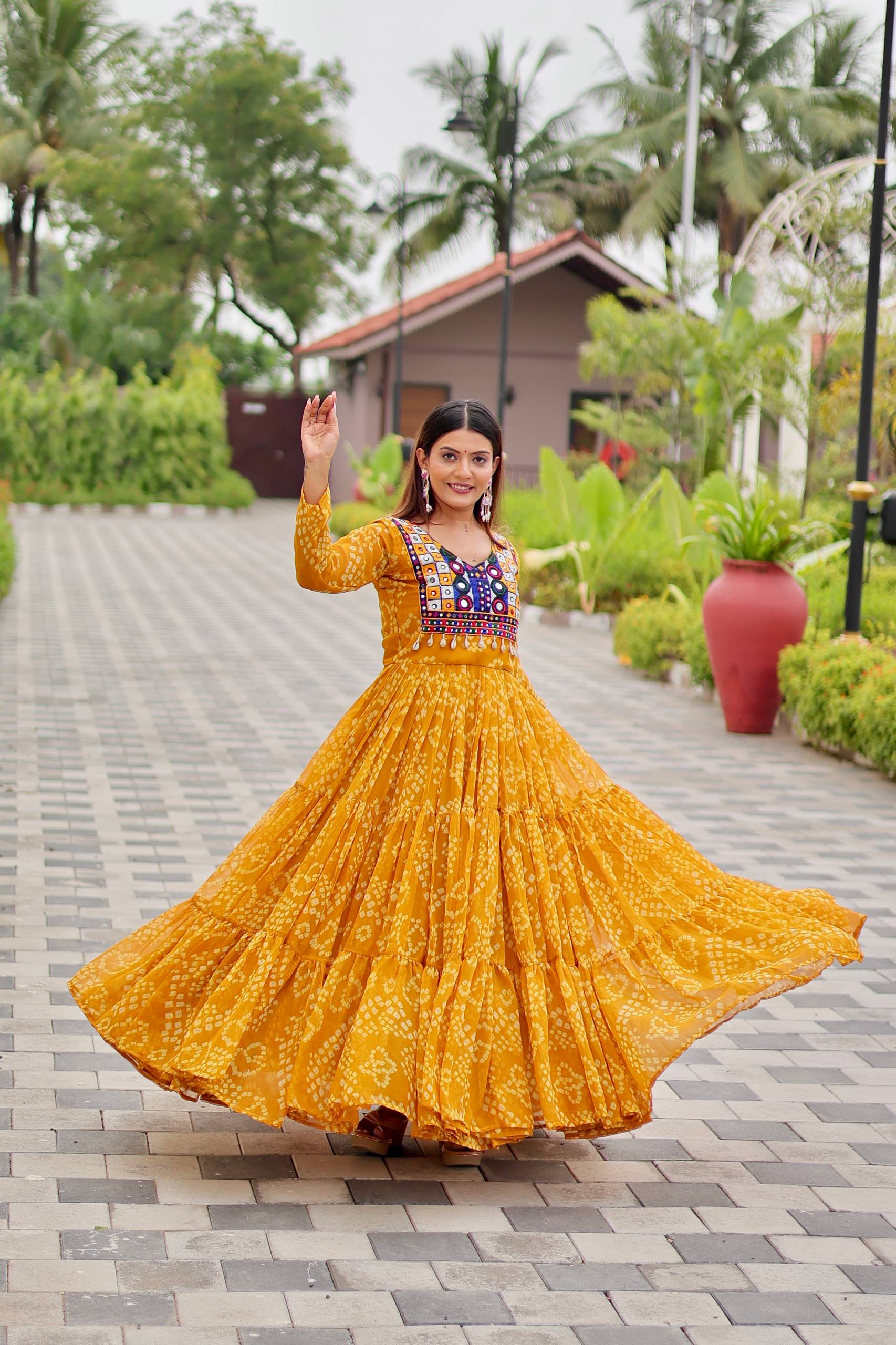 Navratri Special Faux Georgette Gown with Kodi Lace and Real Mirror Work - Fully Stitched