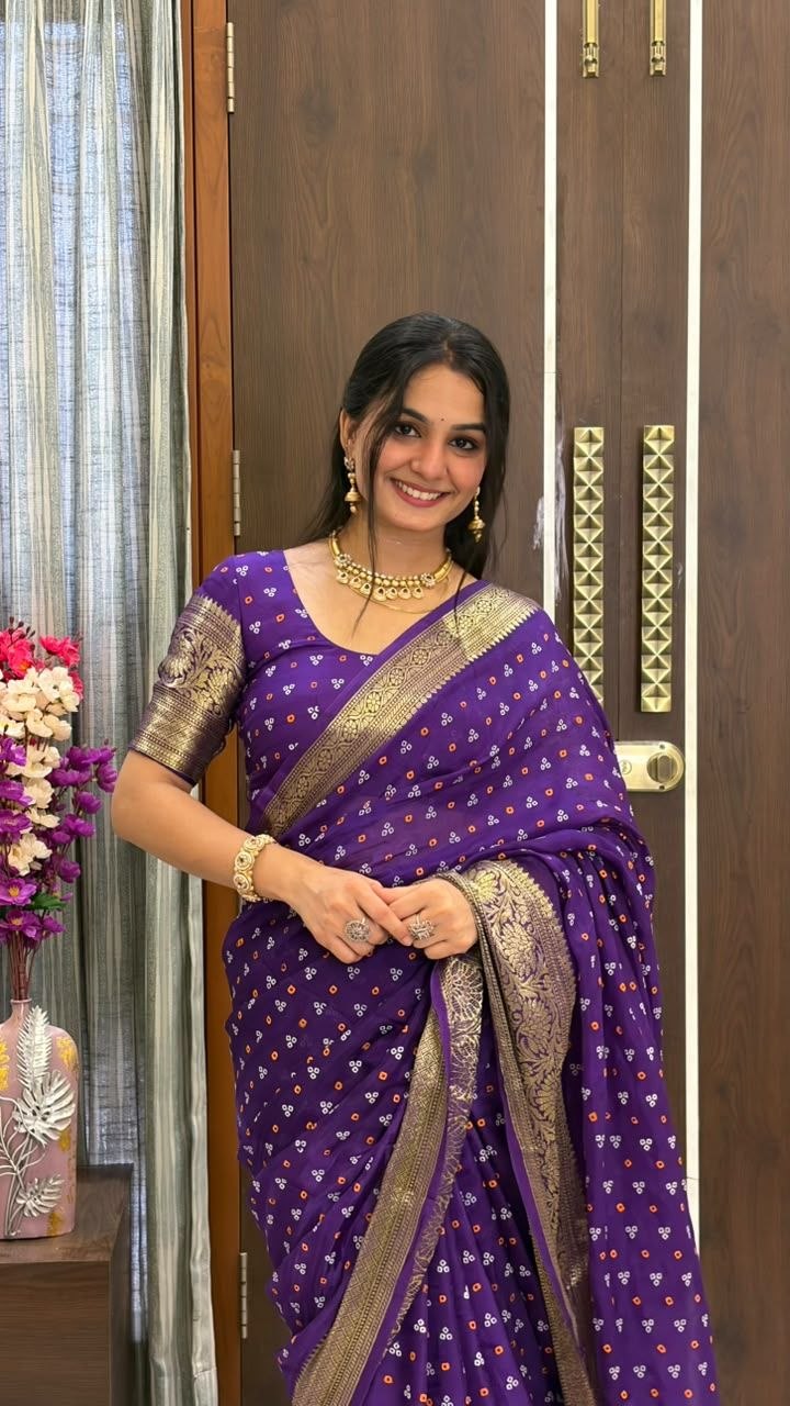 New Kanjivaram Bandhani Teen Dani Saree | Premium Cotton Silk | Heavy Hand-Dyeing Work with Running Blouse | Festive Wear HE-BUY-(W)-07