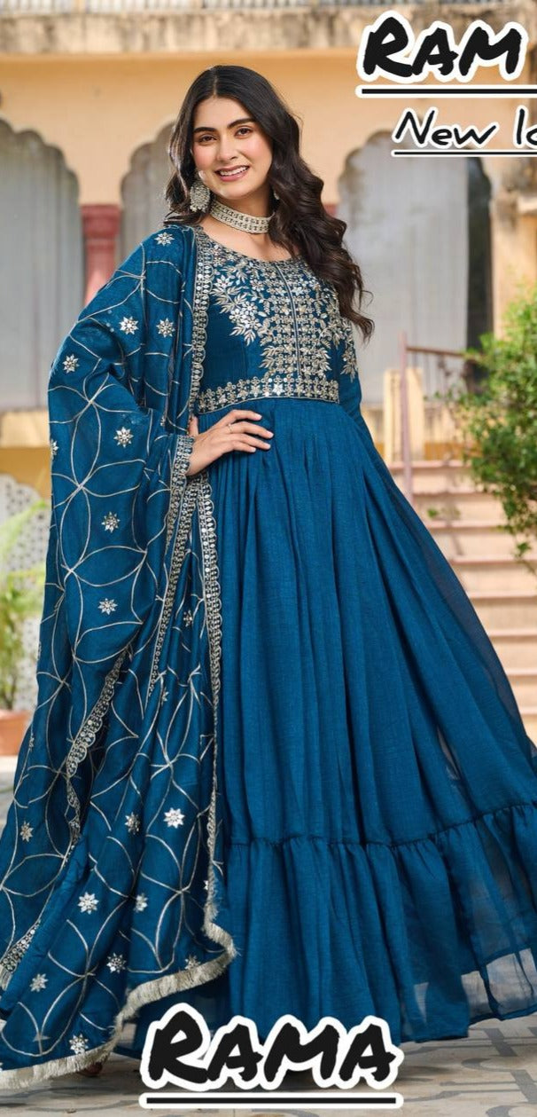 New Festival Collection Vichitra Silk Long Gown with Heavy 7MM Sequence Embroidery Dupatta - Fully Stitched