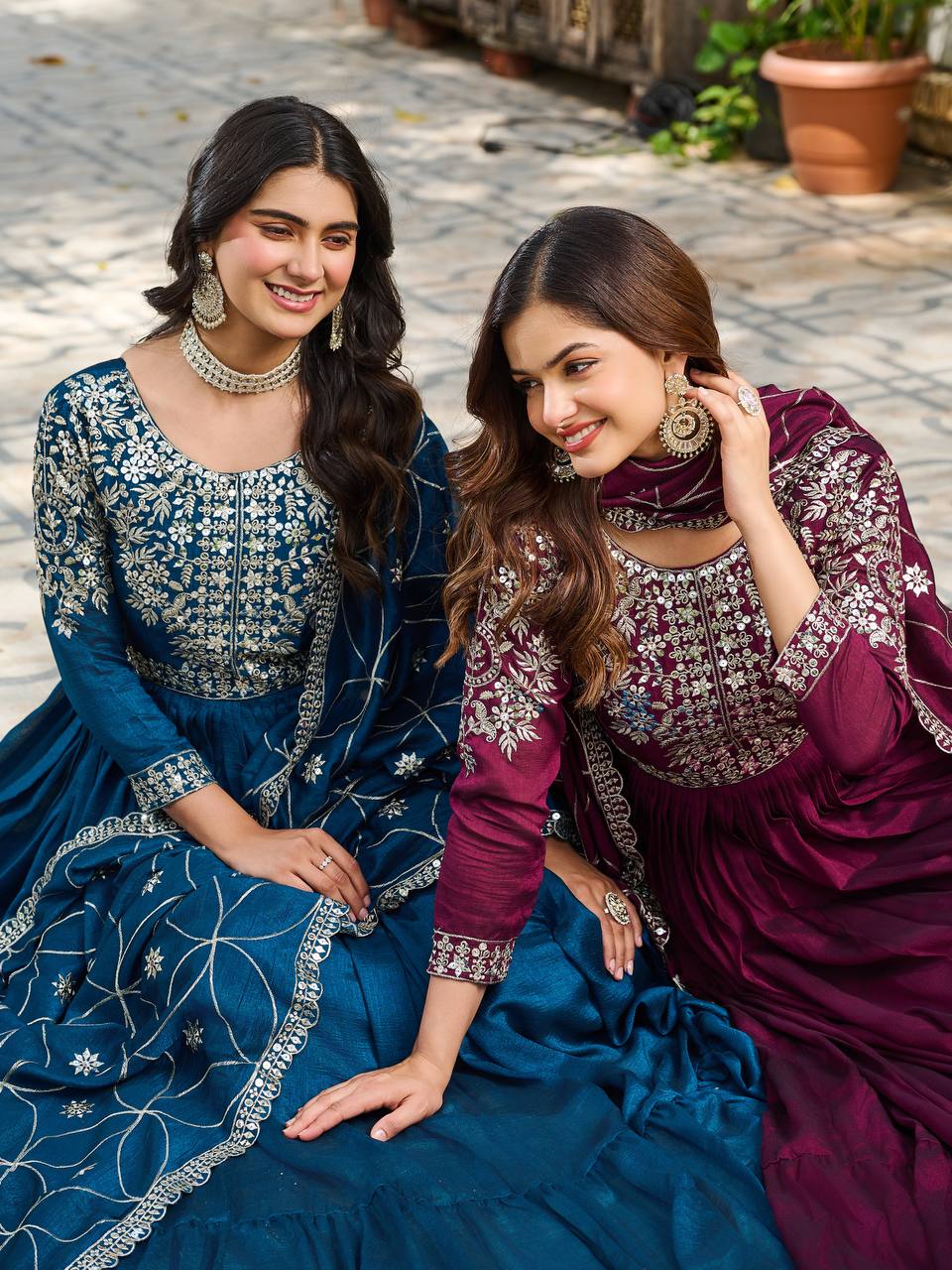New Festival Collection Vichitra Silk Long Gown with Heavy 7MM Sequence Embroidery Dupatta - Fully Stitched