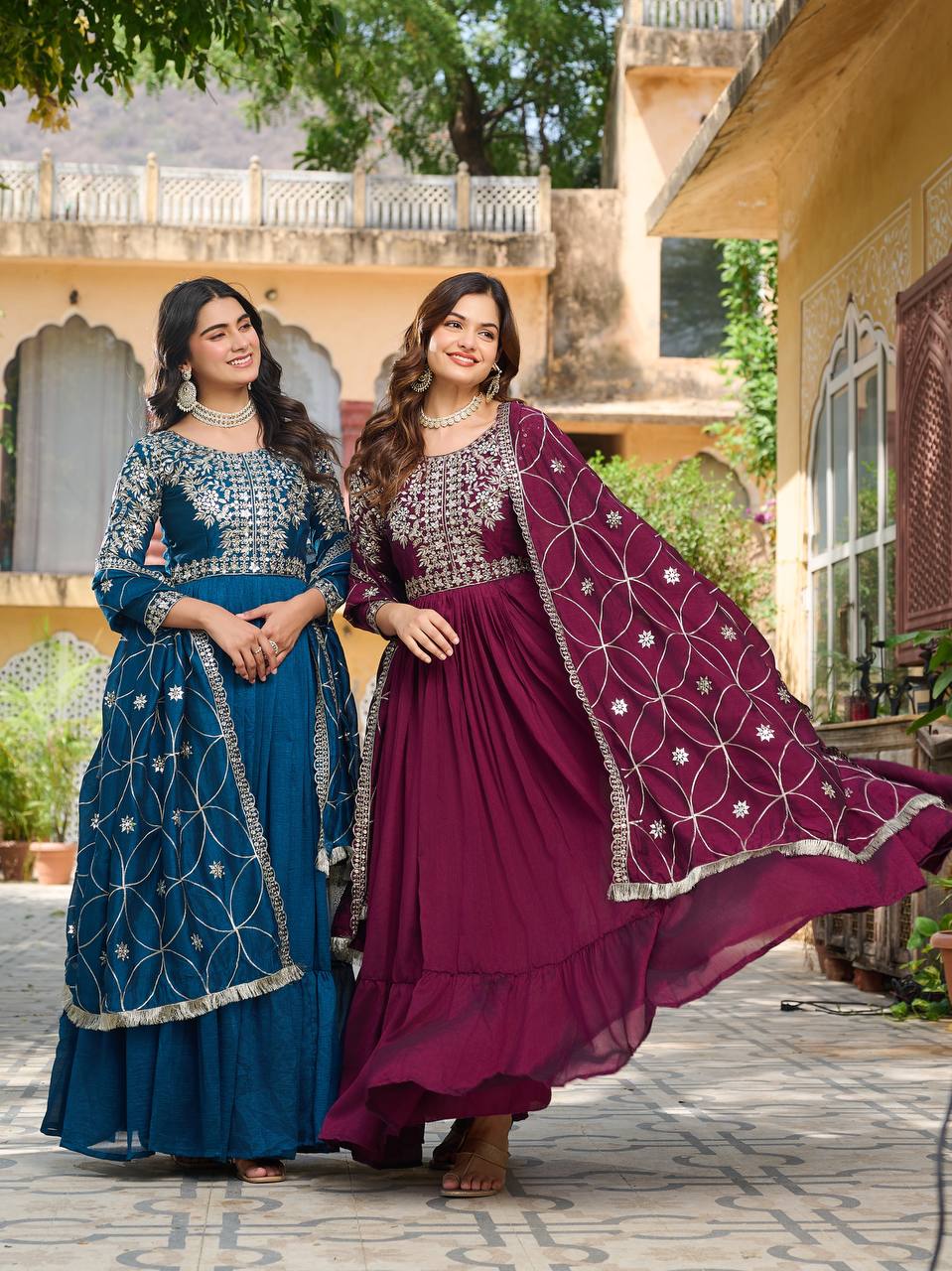 New Festival Collection Vichitra Silk Long Gown with Heavy 7MM Sequence Embroidery Dupatta - Fully Stitched