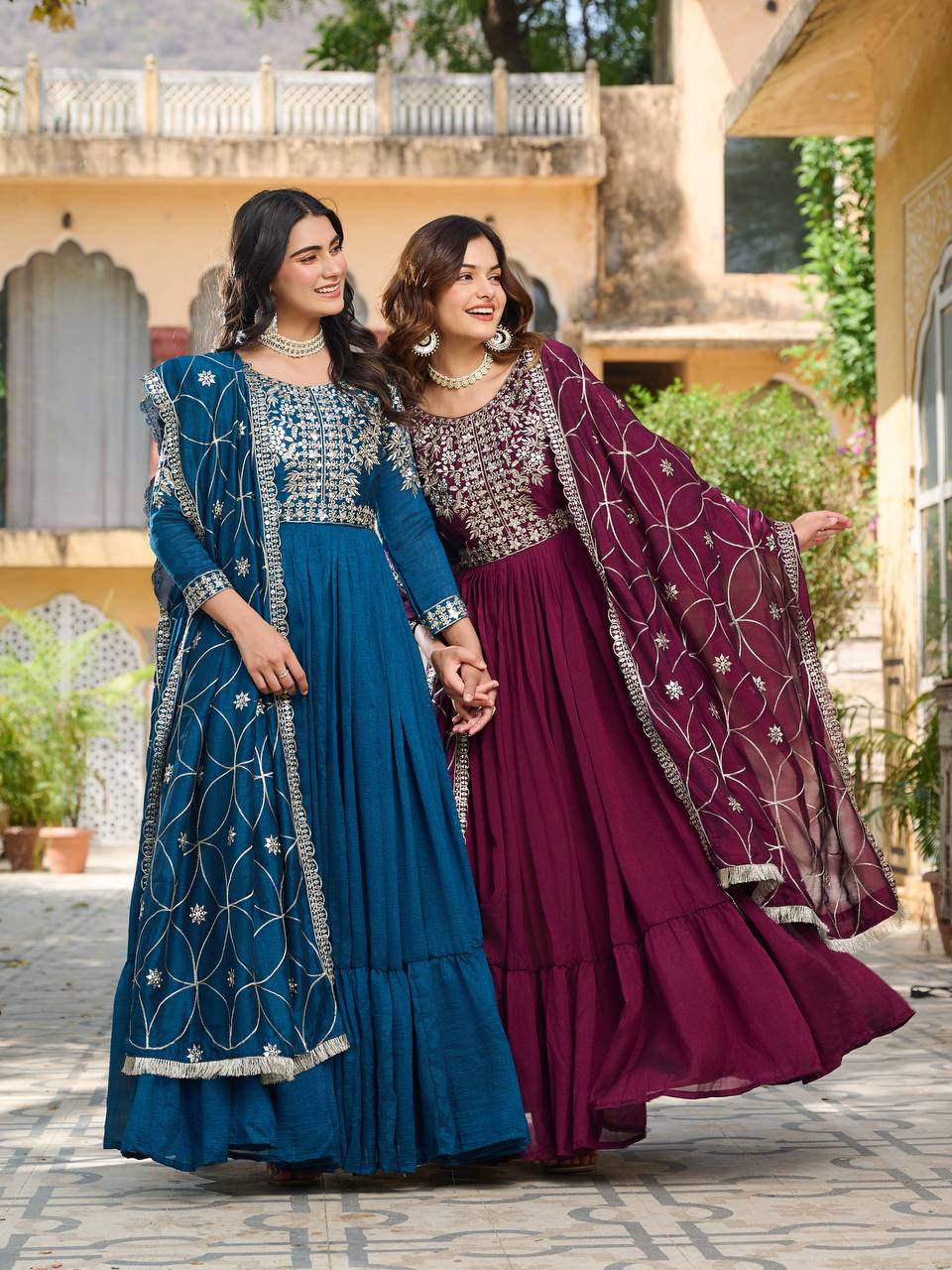 New Festival Collection Vichitra Silk Long Gown with Heavy 7MM Sequence Embroidery Dupatta - Fully Stitched