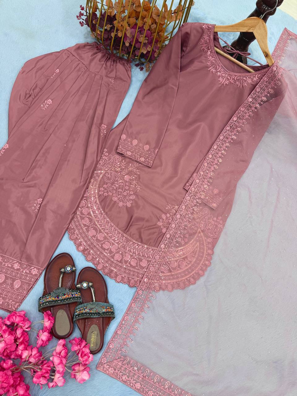 Designer Pure Natural Crepe Top with Farshi Palazzo & Organza Dupatta Set for Women | Embroidered Sequence Work | Premium Party Wear Collection (L)-1143