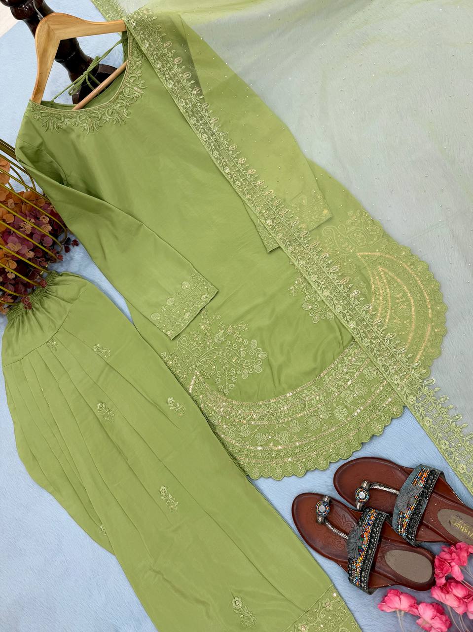Designer Pure Natural Crepe Top with Farshi Palazzo & Organza Dupatta Set for Women | Embroidered Sequence Work | Premium Party Wear Collection (L)-1143