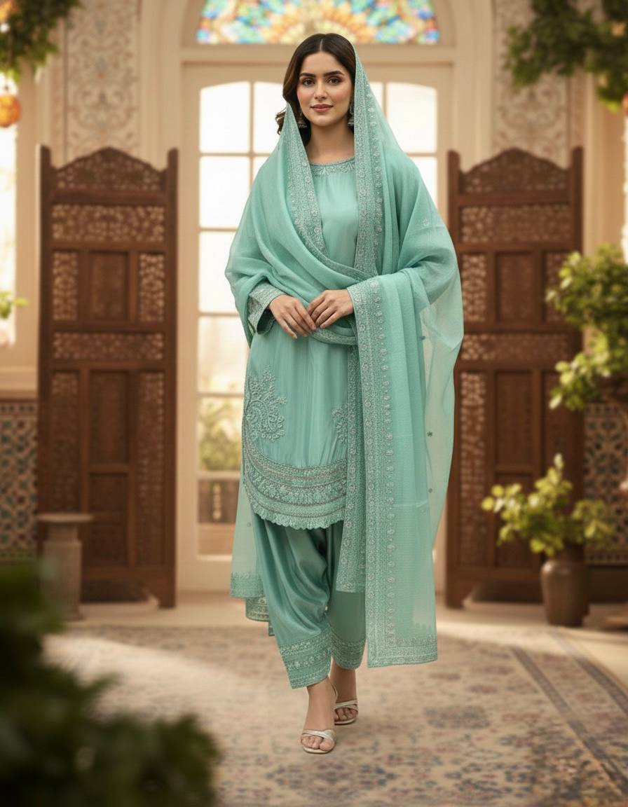 Designer Pure Natural Crepe Top with Farshi Palazzo & Organza Dupatta Set for Women | Embroidered Sequence Work | Premium Party Wear Collection (L)-1143