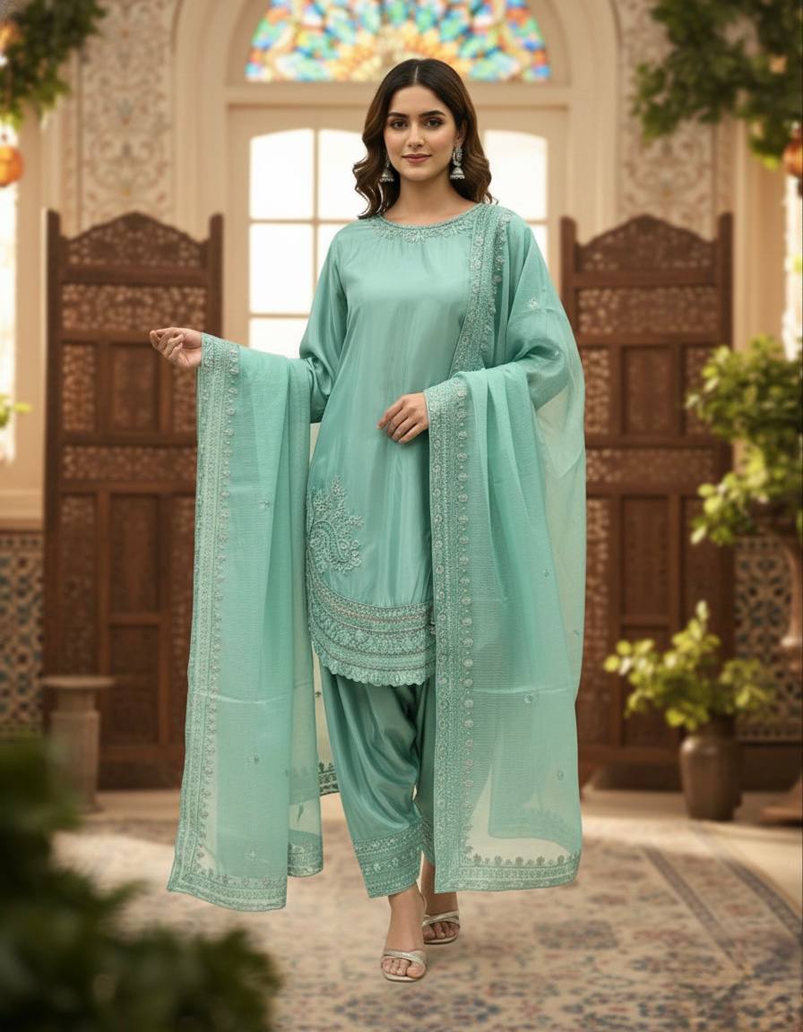 Designer Pure Natural Crepe Top with Farshi Palazzo & Organza Dupatta Set for Women | Embroidered Sequence Work | Premium Party Wear Collection (L)-1143