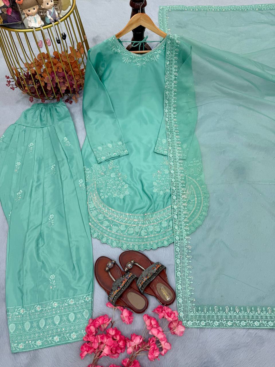 Designer Pure Natural Crepe Top with Farshi Palazzo & Organza Dupatta Set for Women | Embroidered Sequence Work | Premium Party Wear Collection (L)-1143