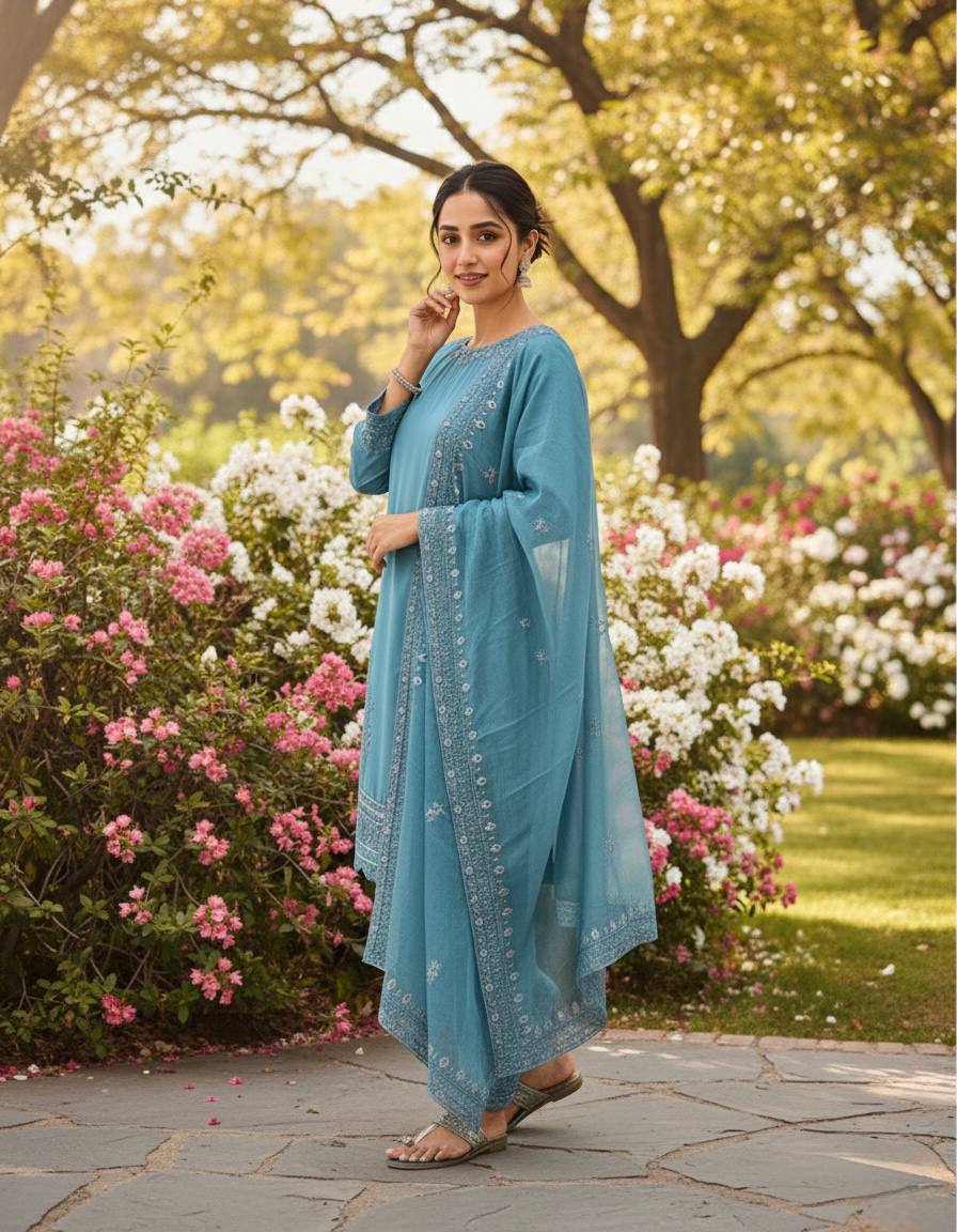 Designer Pure Natural Crepe Top with Farshi Palazzo & Organza Dupatta Set for Women | Embroidered Sequence Work | Premium Party Wear Collection (L)-1143