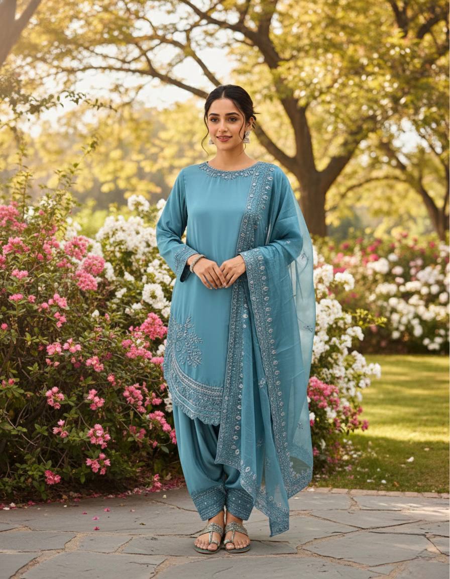 Designer Pure Natural Crepe Top with Farshi Palazzo & Organza Dupatta Set for Women | Embroidered Sequence Work | Premium Party Wear Collection (L)-1143