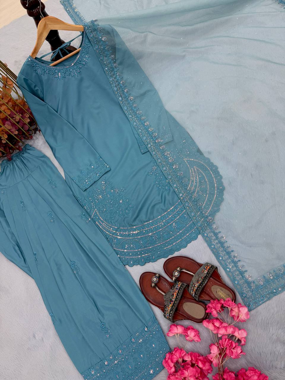 Designer Pure Natural Crepe Top with Farshi Palazzo & Organza Dupatta Set for Women | Embroidered Sequence Work | Premium Party Wear Collection (L)-1143
