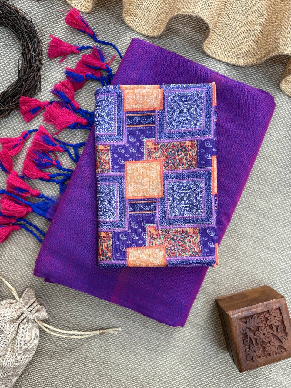 New Handloom Khadi Cotton Saree with Magic Cotton Unstitched Blouse | Elegant Ethnic Wear HE-BUY-(X)-127