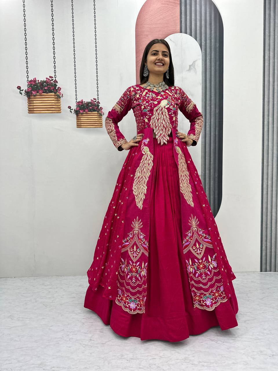 Premium Pure Vichitra Festival Special Crop Top with Lehenga & Shrug Set for Women | Heavy Thread & Sequence Work | Designer Party & Wedding Wear Collection