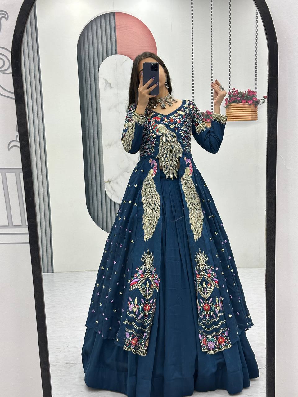 Premium Pure Vichitra Festival Special Crop Top with Lehenga & Shrug Set for Women | Heavy Thread & Sequence Work | Designer Party & Wedding Wear Collection