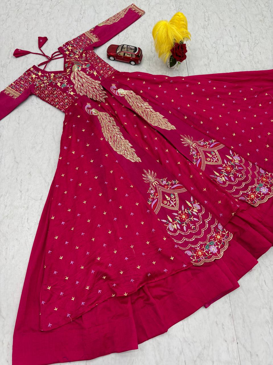 Premium Pure Vichitra Festival Special Crop Top with Lehenga & Shrug Set for Women | Heavy Thread & Sequence Work | Designer Party & Wedding Wear Collection