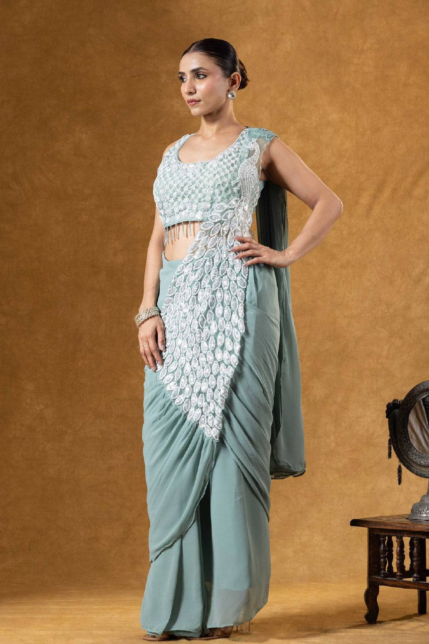 Superhit Trending Faux Georgette Ready to Wear Saree with Fully Embroidered Stylish Blouse - Fully Stitched (Copy)