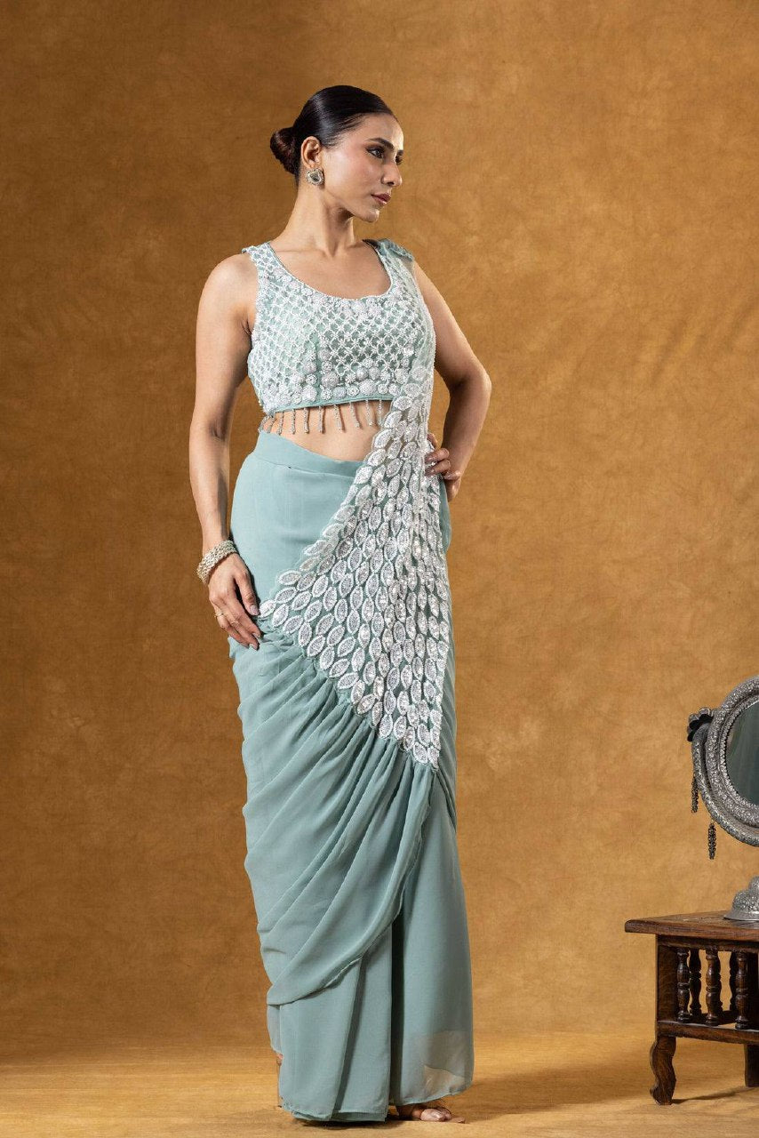 Superhit Trending Faux Georgette Ready to Wear Saree with Fully Embroidered Stylish Blouse - Fully Stitched (Copy)
