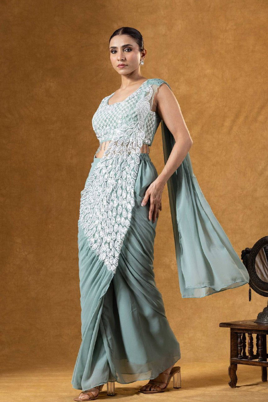 Superhit Trending Faux Georgette Ready to Wear Saree with Fully Embroidered Stylish Blouse - Fully Stitched (Copy)
