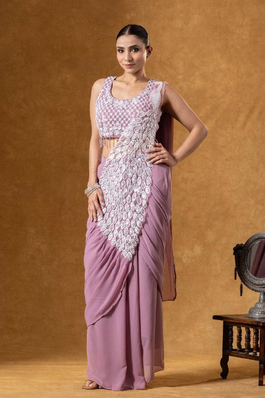 Superhit Trending Faux Georgette Ready to Wear Saree with Fully Embroidered Stylish Blouse - Fully Stitched (Copy)
