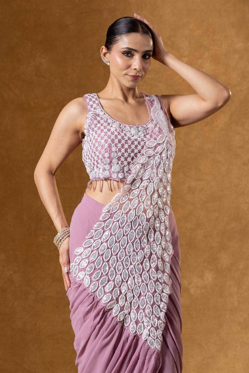 Superhit Trending Faux Georgette Ready to Wear Saree with Fully Embroidered Stylish Blouse - Fully Stitched (Copy)