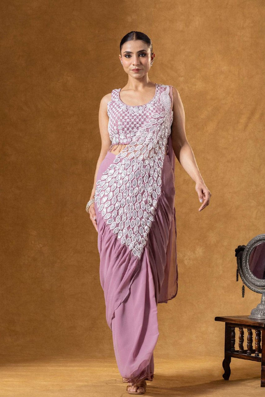 Superhit Trending Faux Georgette Ready to Wear Saree with Fully Embroidered Stylish Blouse - Fully Stitched (Copy)