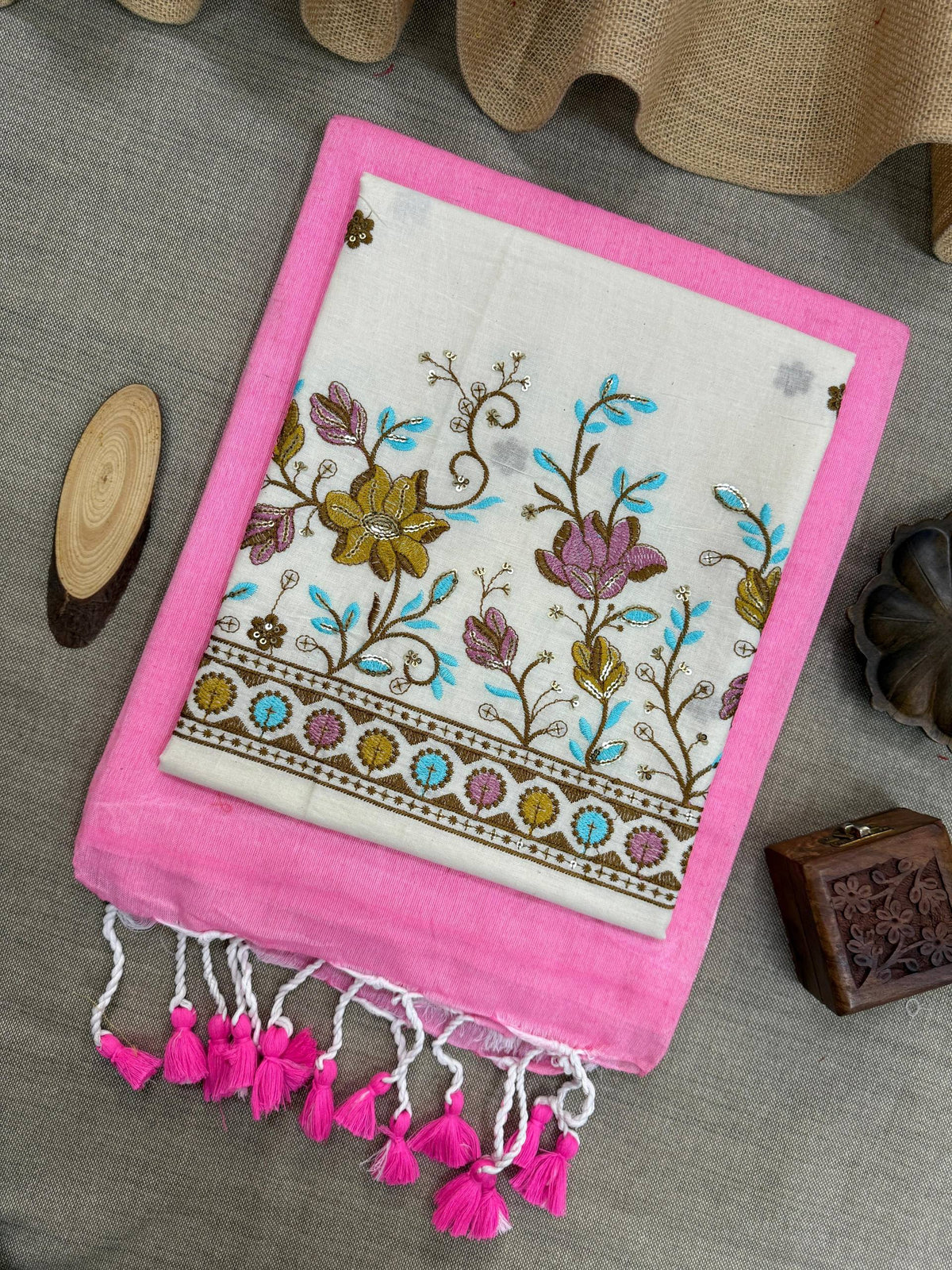 New Handloom Khadi Cotton Saree with Heavy Embroidered Cotton Blouse | Elegant Ethnic Wear  HE-BUY-(X)-128