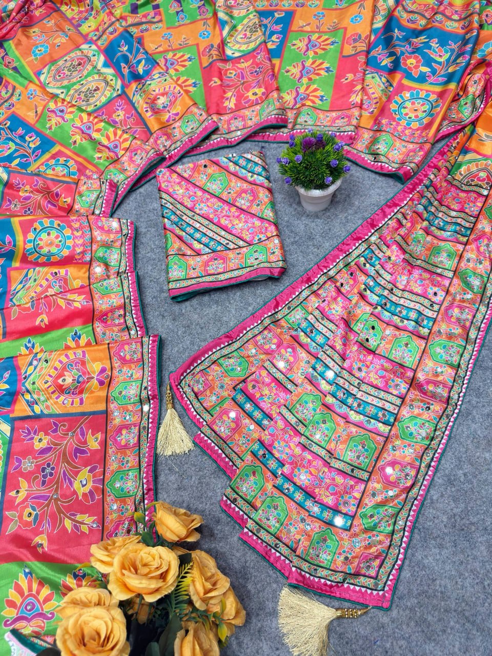 Designer Soft Chinon Silk Saree with Real Mirror Handwork, Piping Border & Latkan Tassels | Festive & Wedding Wear   HE-BUY-(Z)-0117